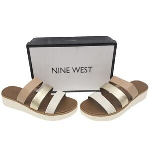 Nine West Brown Metallic Gold White Zoili Leather Platform Mule Sandals 8.5